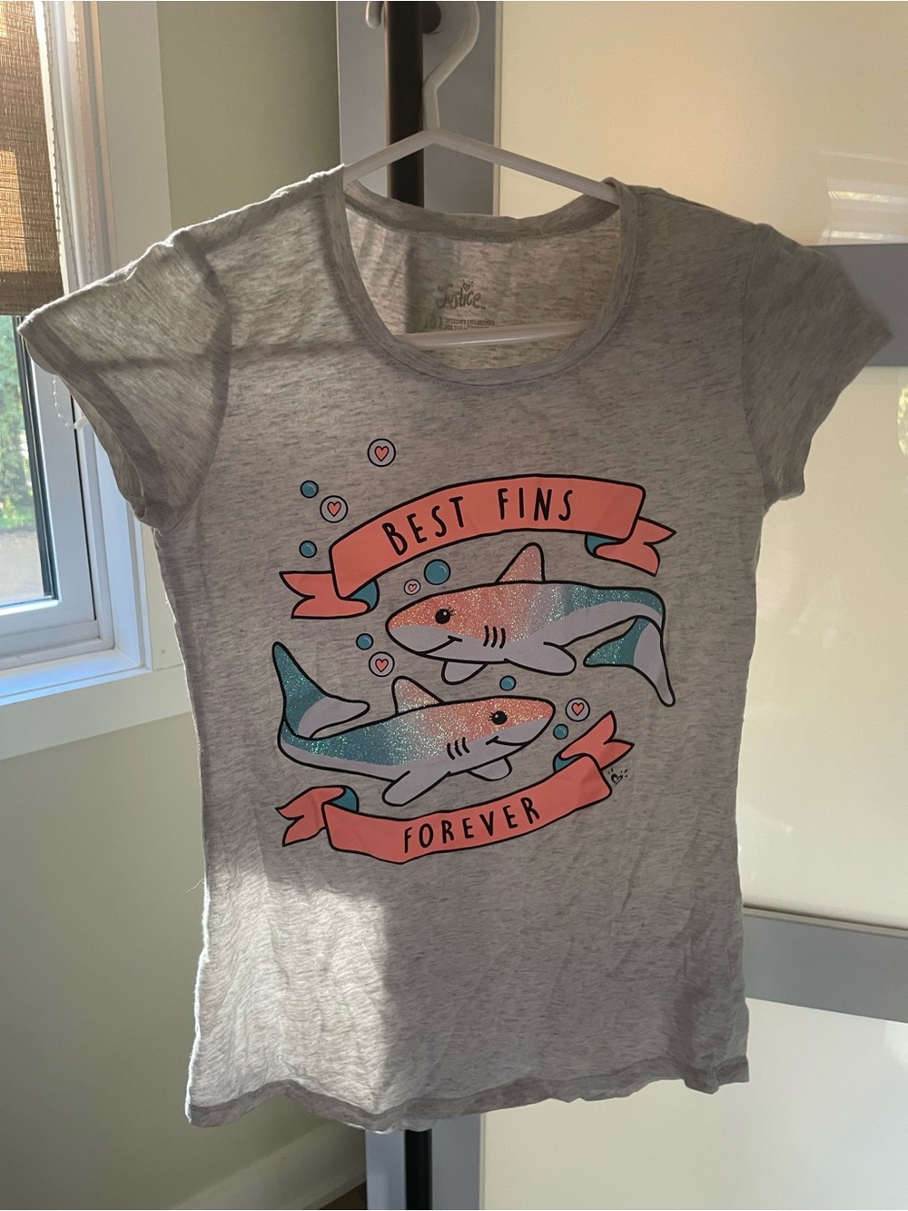 Justice Gray Tee with Pink & Teal Glitter Sharks